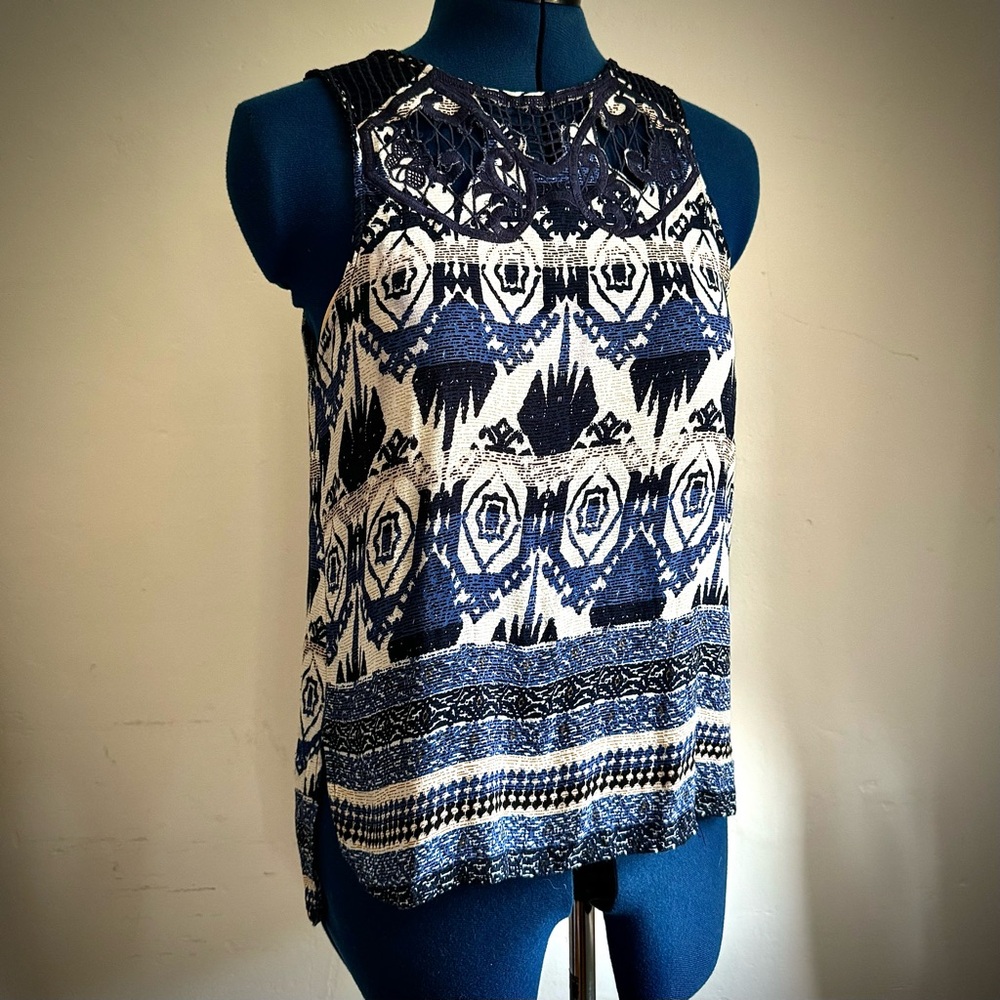 Hazel Blue Tribal Print Sleeveless Top with Crochet Detail